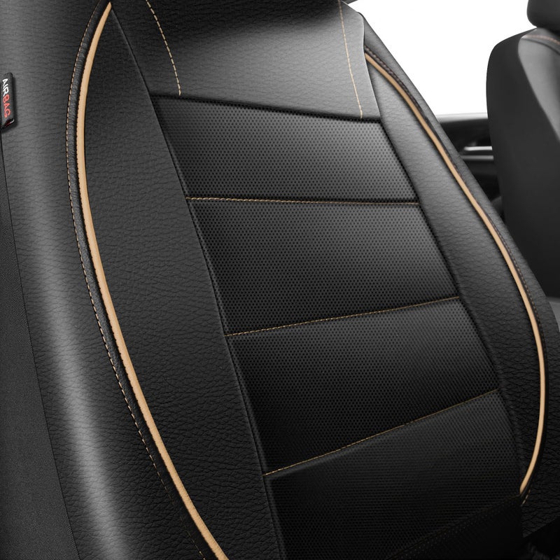 CAR PASS Universal FIT Piping Leather Two Front Seat Covers  Waterproof Faux Leather for SUV Sedan Van Truck  Airbag Compatible Reserved Opening Holes for Headrest Covers. (Black and Beige) - Image 2
